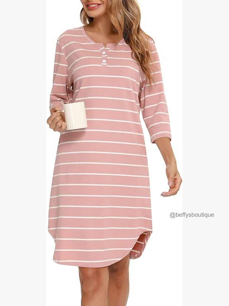 Soft Cotton Stripe Nightgown With Pockets Knee Length Sleepwear